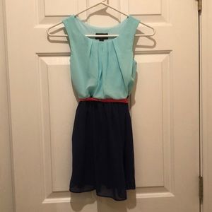 Girl's blue, turquoise flowy dress with coral sash, size 7